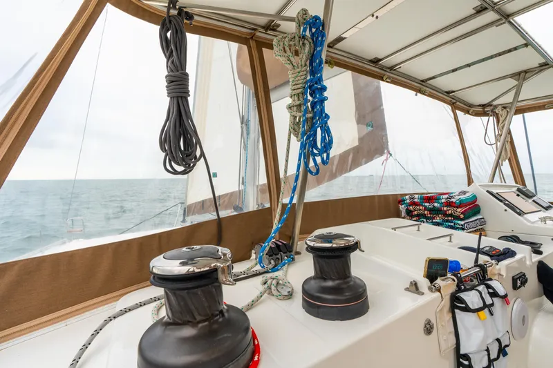 Audacity Yacht Photos Pics Interior view of 2013 Lagoon 450 sailboat cockpit with ropes and winches.