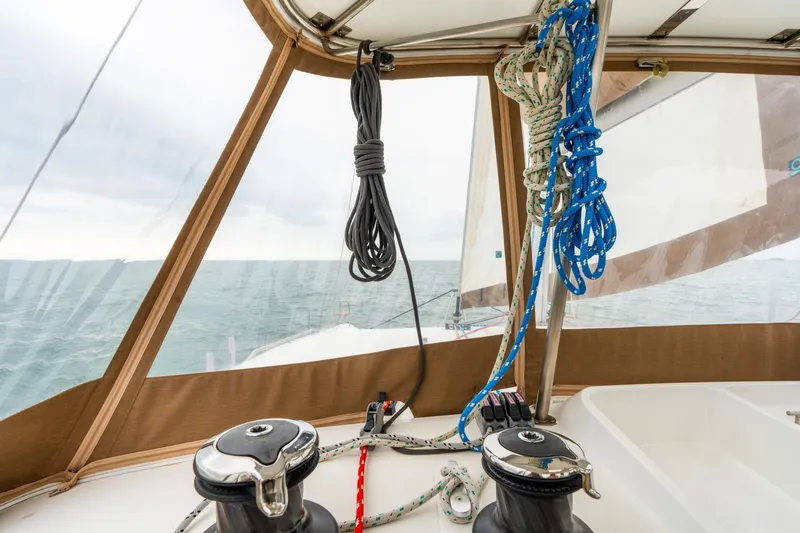 Audacity Yacht Photos Pics Interior view of 2013 Lagoon 450 sailboat cockpit with ropes and winches.