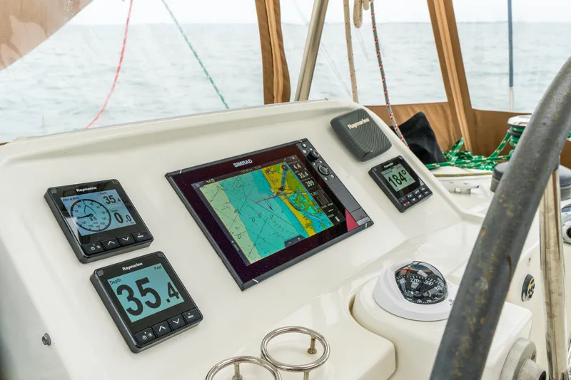 Audacity Yacht Photos Pics Lagoon 450 yacht cockpit with navigation instruments and map display, 2013 model.