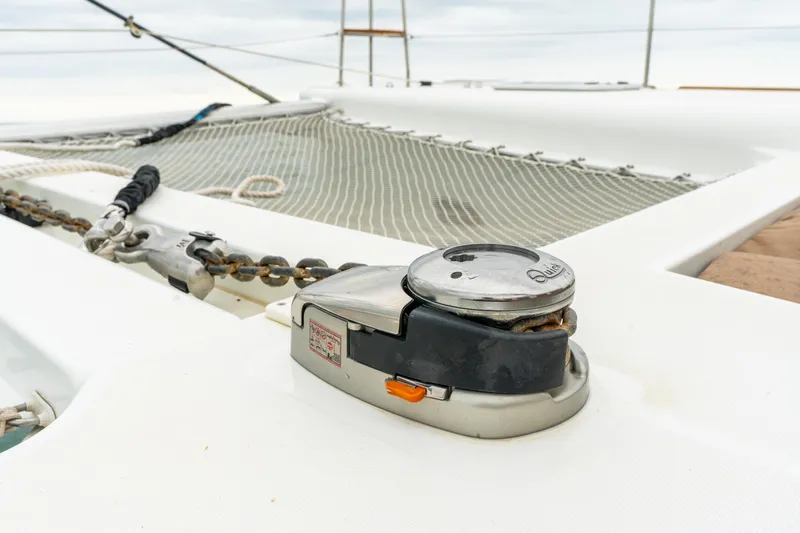 Audacity Yacht Photos Pics Deck of 2013 Lagoon 450 catamaran featuring anchor chain and winch system.