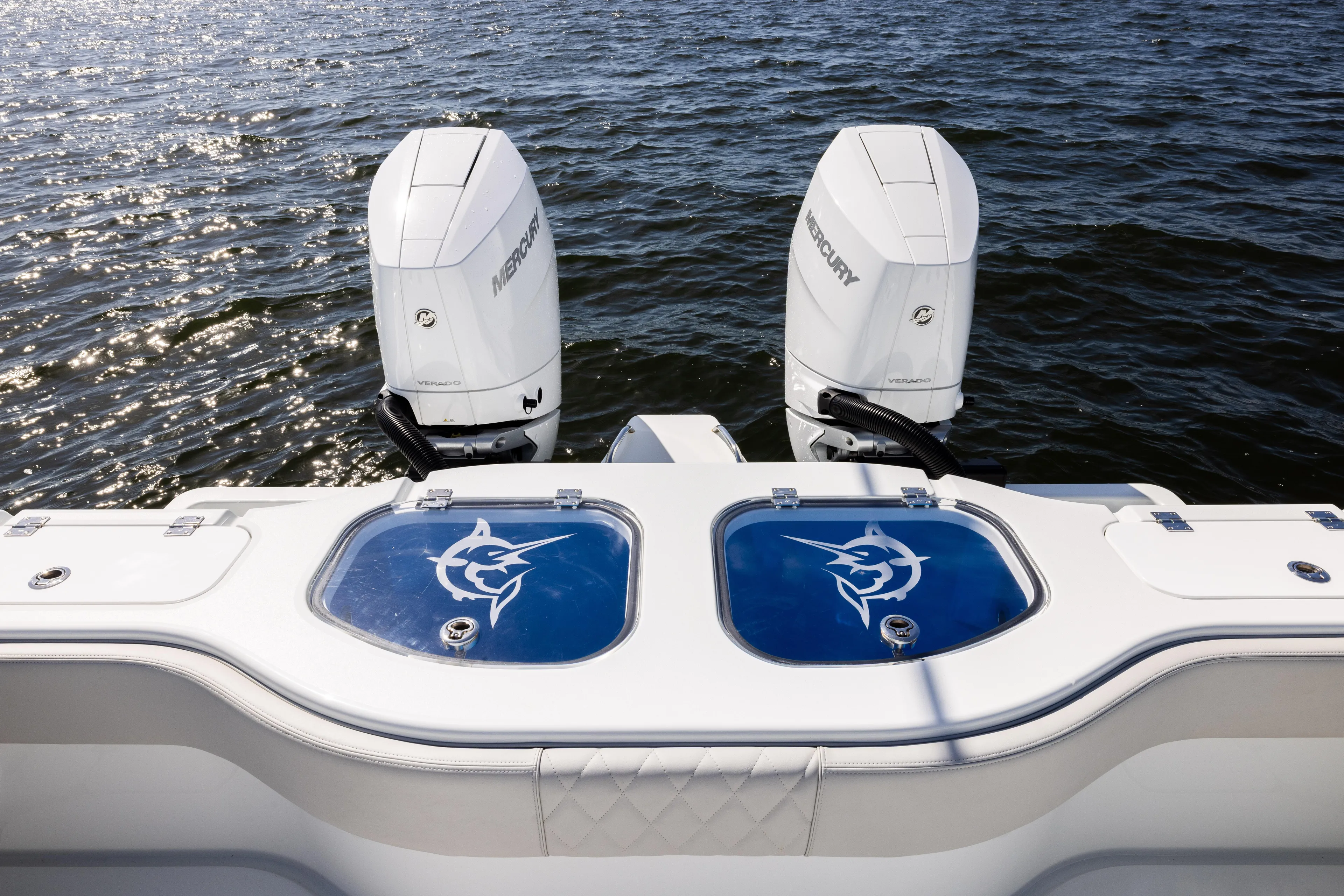  Yacht Photos Pics 2024 Freeman 35 boat with twin Mercury engines on water.