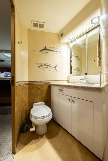 Premium Yacht Photos Pics Bathroom interior of 1996 Hatteras Convertible Sportfisher yacht with fish-themed decor.