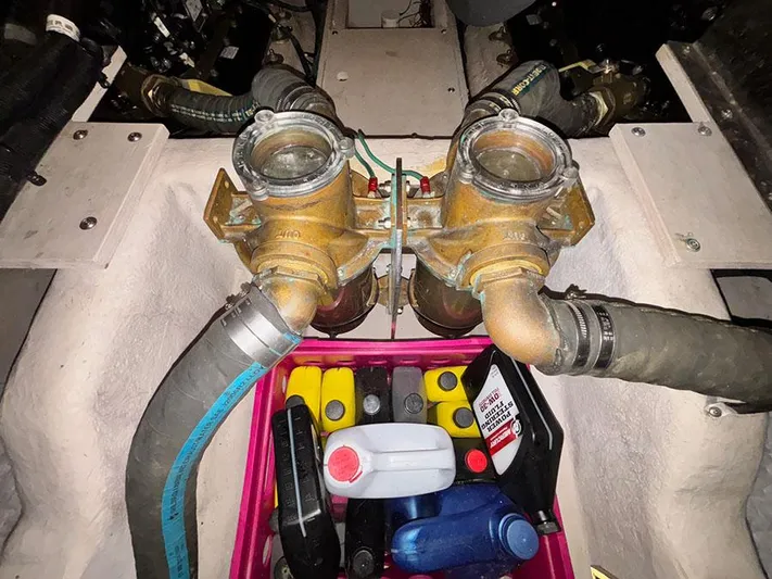  Yacht Photos Pics Engine compartment of a 2013 Sea Ray 450 Sedan Bridge with hoses and maintenance supplies.