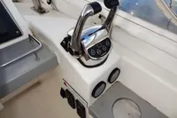 Control panel of a 2018 Leopard 43 Powercat boat with throttle levers.