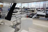 View from the deck of a 2018 Leopard 43 Powercat in a marina.