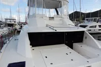 2018 Leopard 43 Powercat yacht docked at a marina.