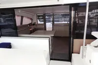 Interior view of 2018 Leopard 43 Powercat yacht with spacious seating area.
