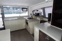 Modern kitchen interior of 2018 Leopard 43 Powercat yacht with appliances and ample counter space.