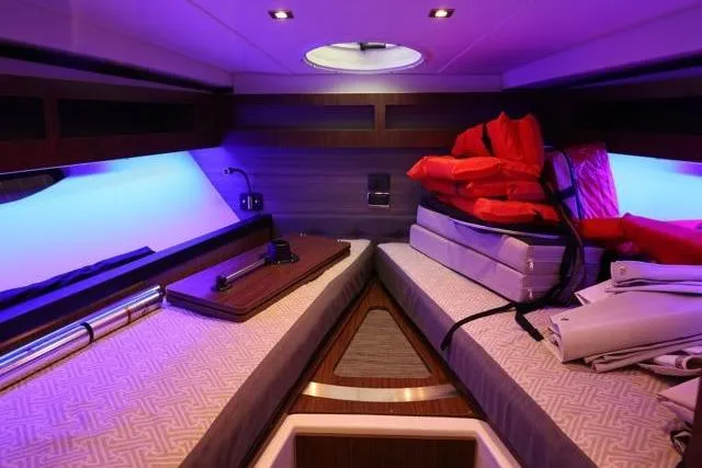  Yacht Photos Pics Interior cabin of 2021 Four Winns V355 Coupe with ambient lighting and storage.