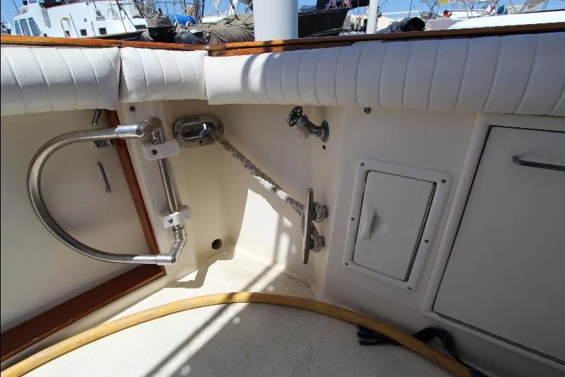  Yacht Photos Pics 1988 Ocean Yachts 38 Super Sport boat interior with railing and storage compartment.