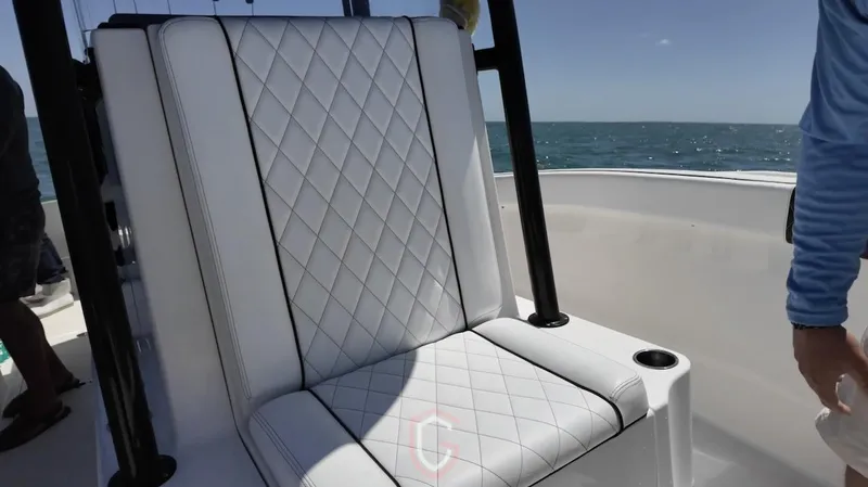  Yacht Photos Pics Luxurious seating on 2023 CG Boat Works 35 M-Series, featuring diamond-stitched upholstery.