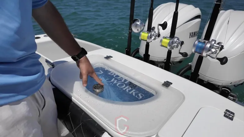  Yacht Photos Pics 2023 CG Boat Works 35 M-Series with fishing rods and Yamaha engines on water.