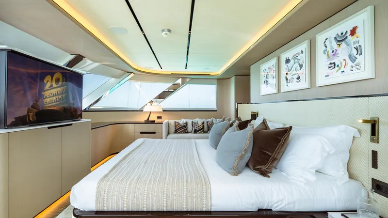 Midnight Saga Yacht Photos Pics Luxurious bedroom interior of 2023 Moonen 110 yacht with modern decor and elegant furnishings.