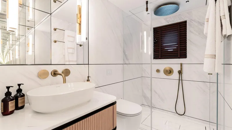 Midnight Saga Yacht Photos Pics Luxurious bathroom in 2023 Moonen 110 yacht with modern fixtures and elegant design.