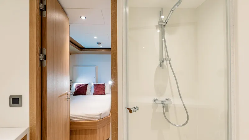 Midnight Saga Yacht Photos Pics Modern bathroom and bedroom interior on 2023 Moonen 110 yacht.