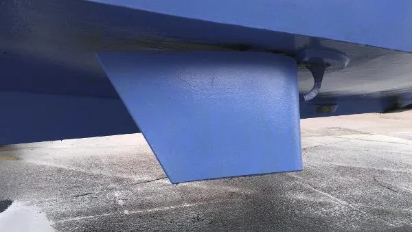 Moondance Yacht Photos Pics Close-up of the hull of a 2007 Custom Rockport Steel Trawler MY.