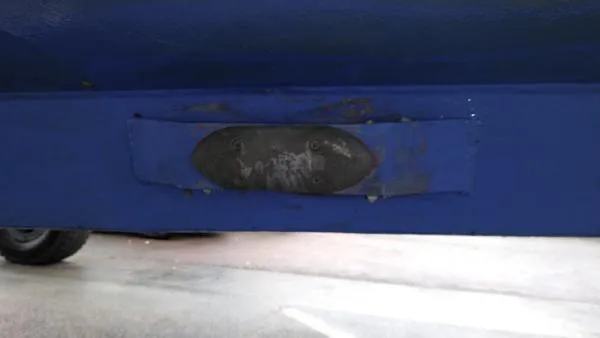 Moondance Yacht Photos Pics Close-up of the hull of a 2007 Custom Rockport Steel Trawler MY.