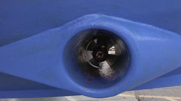 Moondance Yacht Photos Pics Close-up of a 2007 Custom Rockport Steel Trawler MY propeller.