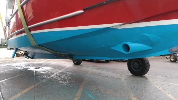 Moondance Yacht Photos Pics Bottom view of 2007 Custom Rockport Steel Trawler MY on a trailer.