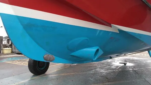 Moondance Yacht Photos Pics Bottom view of 2007 Custom Rockport Steel Trawler MY, showing hull and propeller.