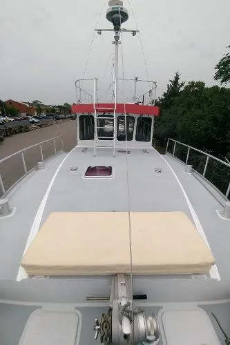 Moondance Yacht Photos Pics 2007 Custom Rockport Steel Trawler MY boat deck with navigation equipment.