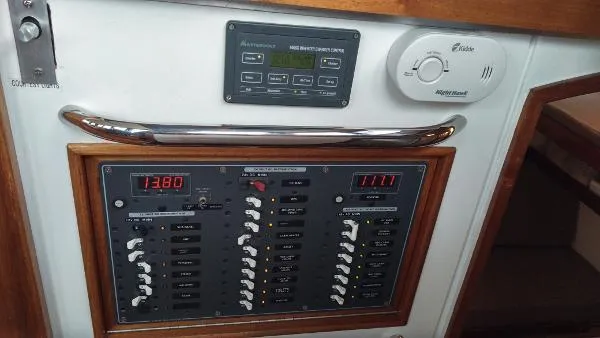 Moondance Yacht Photos Pics Electrical control panel on a 2007 Custom Rockport Steel Trawler MY.