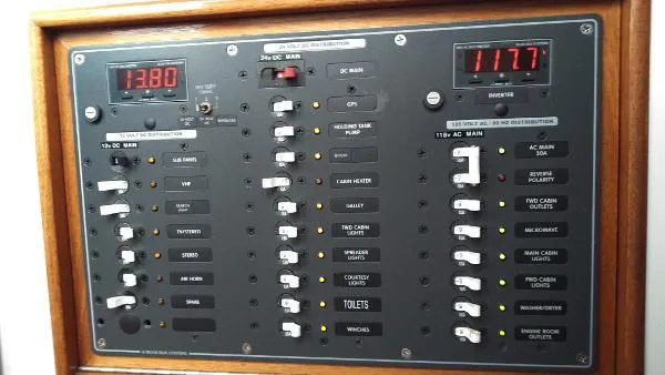 Moondance Yacht Photos Pics Electrical control panel of a 2007 Custom Rockport Steel Trawler MY.