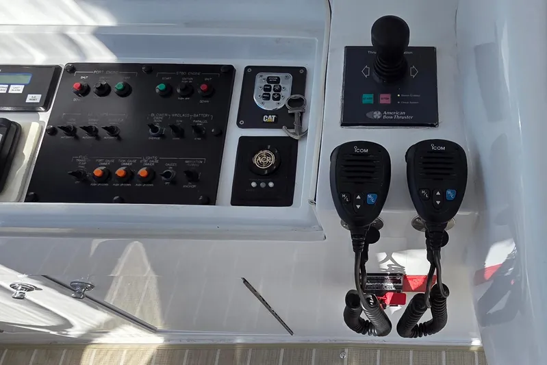  Yacht Photos Pics Control panel of a 2006 Hatteras 50 Convertible yacht with communication devices.