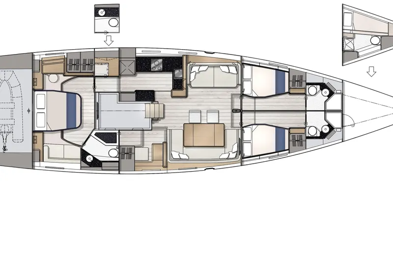  Yacht Photos Pics Floor plan of 2023 Jeanneau 65 yacht, featuring spacious cabins and modern amenities.
