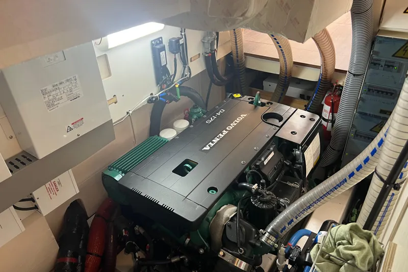  Yacht Photos Pics Engine room of 2023 Jeanneau 65 yacht featuring Volvo Penta D4-175 engine.