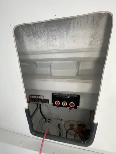  Yacht Photos Pics Electrical panel inside Streamline 45, 2026 model, with wiring and components visible.