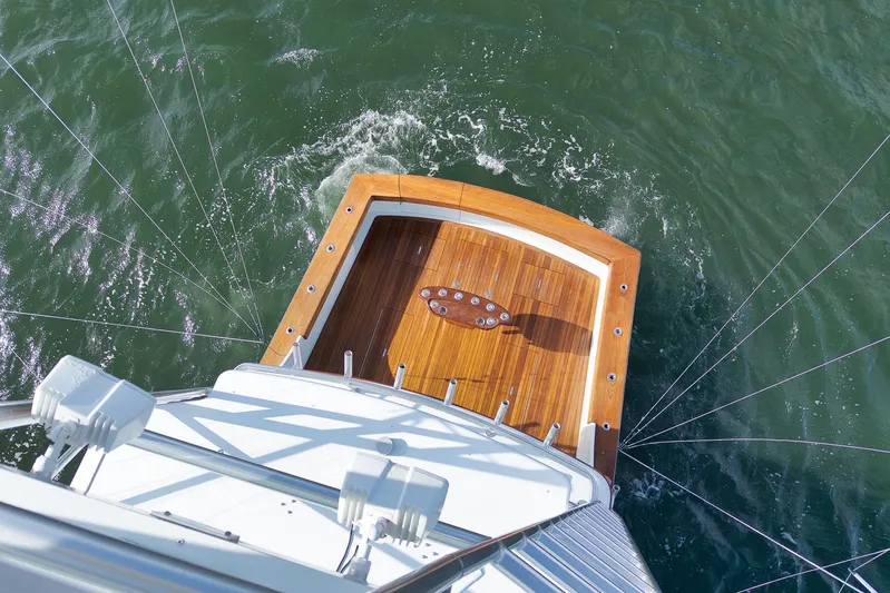  Yacht Photos Pics Aerial view of 1997 Garlington 61 yacht deck on water.