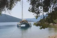 Catamaran NIMBLE 50 (2001) anchored in serene bay, surrounded by lush greenery.