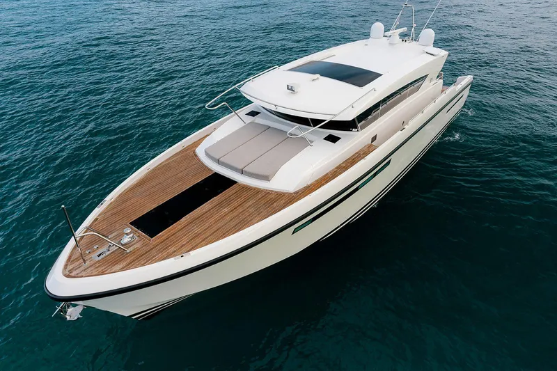 Freya Yacht Photos Pics 2023 Delta Powerboats 54 IPS luxury yacht cruising on open water.