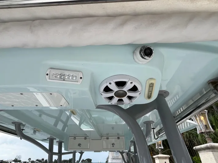 The Perfect Predator Yacht Photos Pics 2017 Mako 414 CC Bluewater boat interior with speaker and light fixtures.