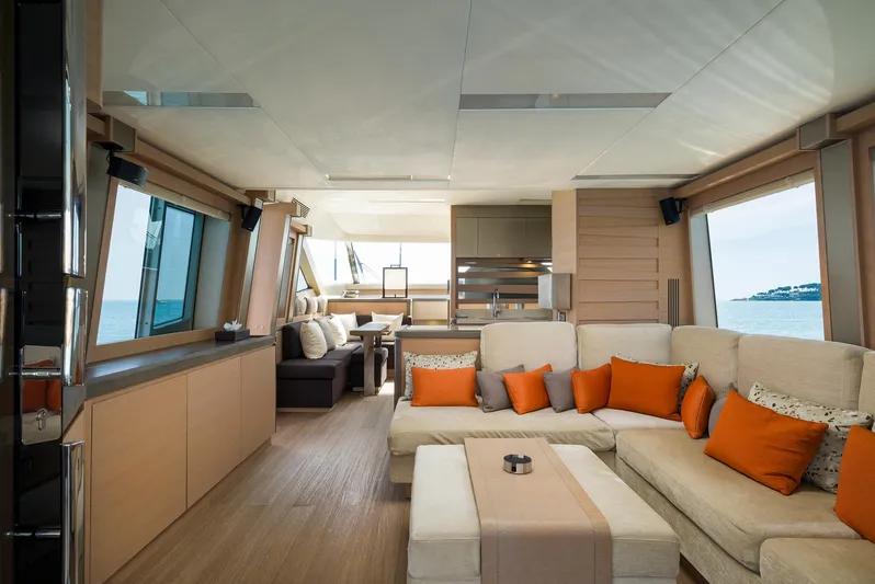 Crazy Diamond Yacht Photos Pics Luxurious interior of 2016 Monte Carlo Yachts MCY 70 with modern furnishings and ocean view.