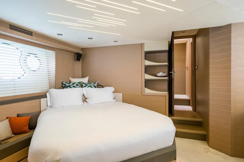 Crazy Diamond Yacht Photos Pics Luxurious bedroom interior of 2016 Monte Carlo Yachts MCY 70 with modern design.