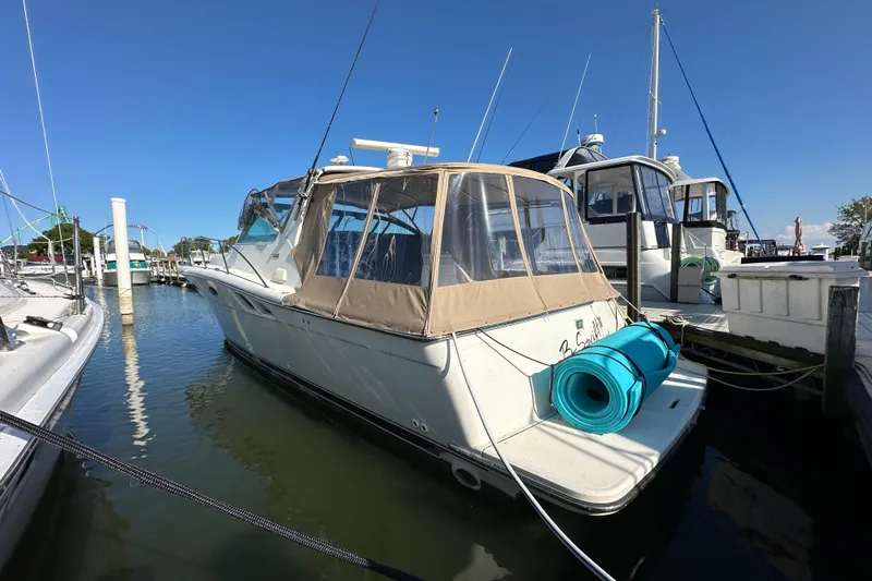  Yacht Photos Pics 2001 Tiara Yachts 3500 Open docked, featuring a covered deck and blue marine equipment.