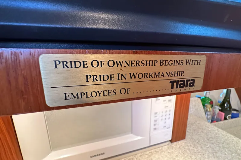  Yacht Photos Pics Plaque on Tiara Yachts 3500 Open 2001, emphasizing pride in ownership and workmanship.