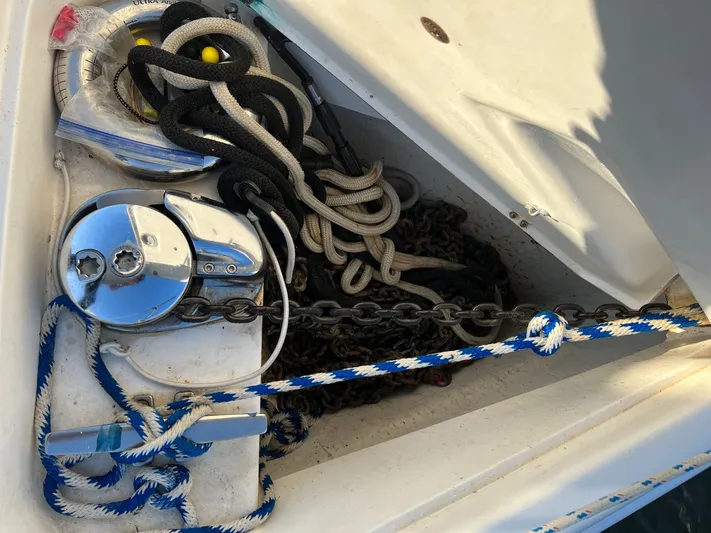 Rafel Yacht Photos Pics Anchor locker of 2006 Hunter 45 Center Cockpit with ropes and chain.