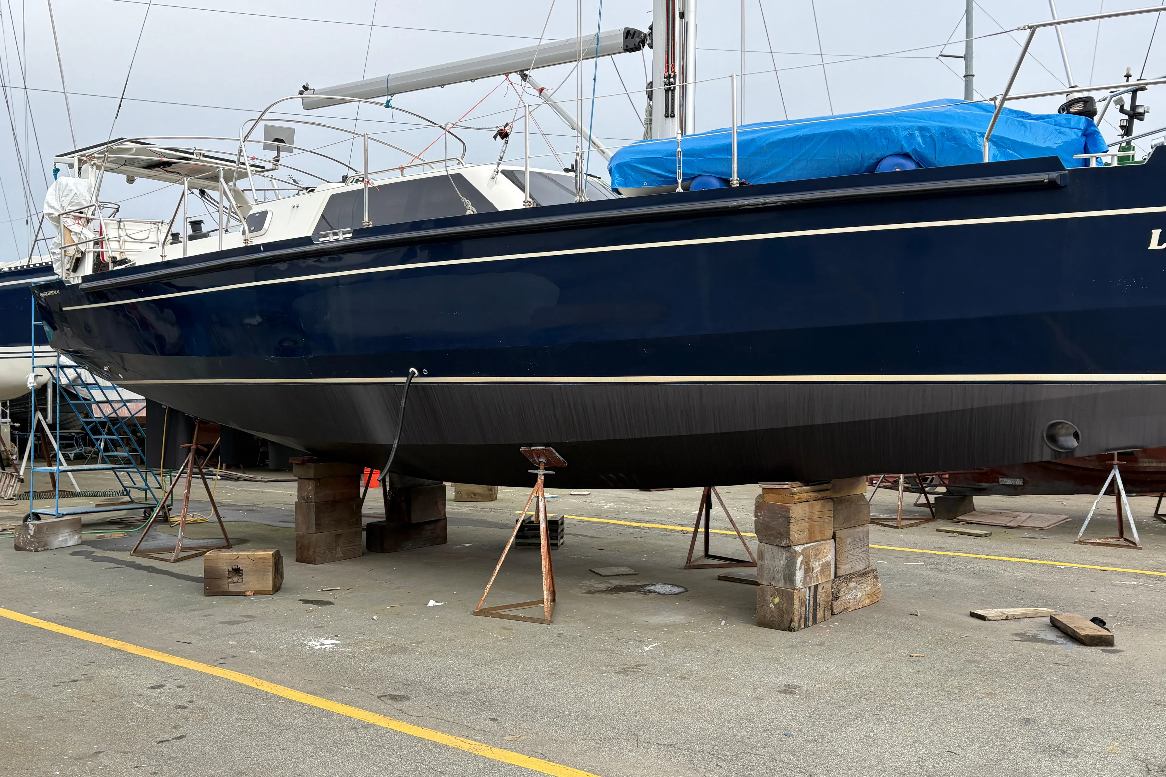 2019 Chatam Extreme 42 sailboat on dry dock, supported by blocks and stands.