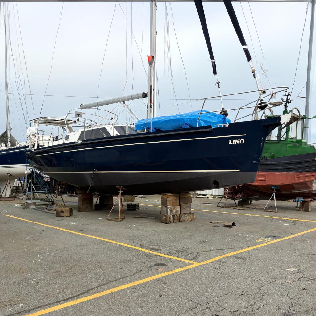 2019 Chatam Extreme 42 sailboat on dry dock, blue hull, named "Lino."