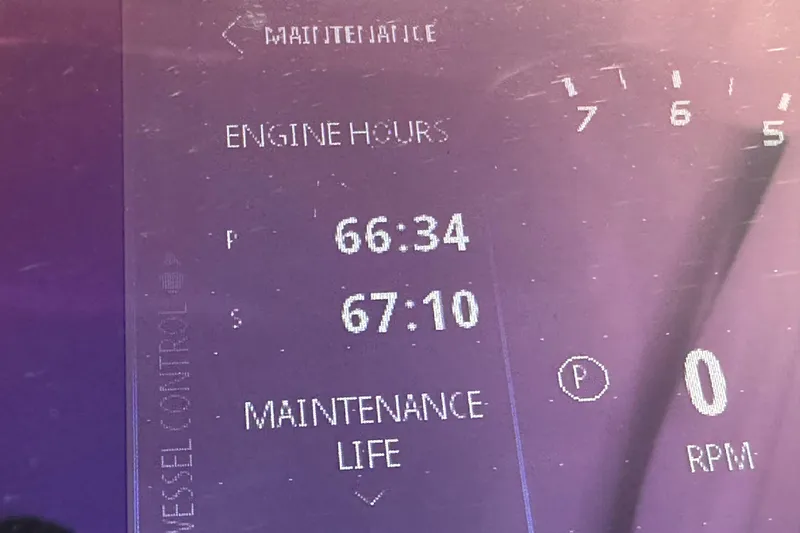  Yacht Photos Pics NX Boats 370 2025 display showing engine hours and maintenance life.