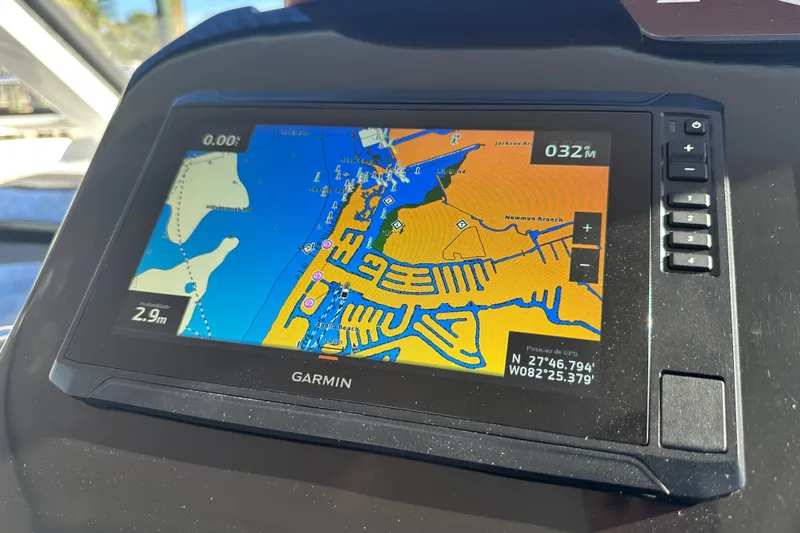  Yacht Photos Pics Garmin GPS display on 2025 NX Boats 370, showing detailed nautical map.