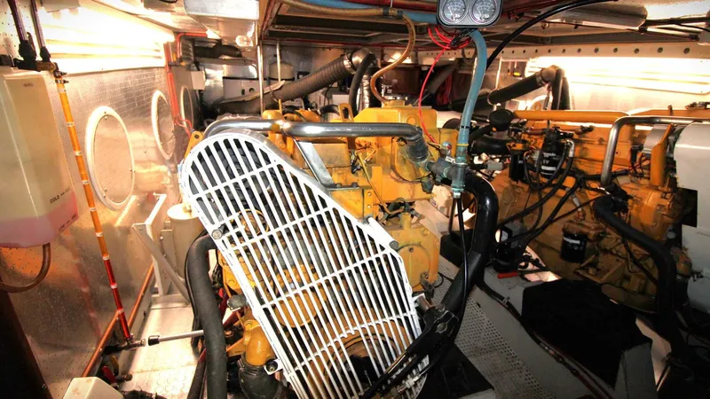 The Concession Yacht Photos Pics Engine room of 2001 Selene 53 Pilothouse yacht, showcasing machinery and components.