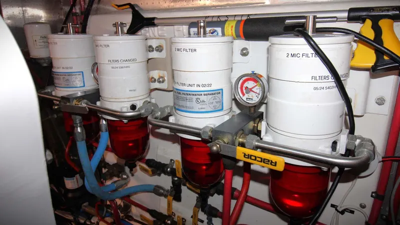 The Concession Yacht Photos Pics Engine room of 2001 Selene 53 Pilothouse with fuel filters and gauges.