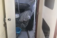 Interior view of 2005 Finot Open 50 sailboat with storage and netting.