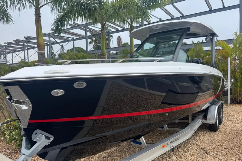  Yacht Photos Pics 2025 Monterey Elite 27 OB boat on trailer, surrounded by palm trees.