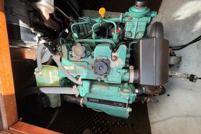 Betty Mae Yacht Photos Pics Engine of a 2006 Lagoon 380 catamaran, featuring a Volvo Penta diesel motor.