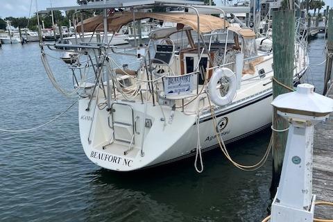 Sailboat docked at marina, 2003 Caliber 40LRC, Beaufort NC.